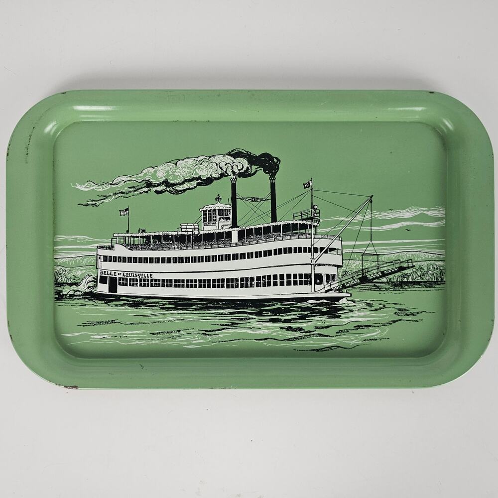 VTG 1960s green metal tray Belle of Louisville steam boat serving